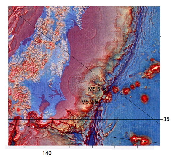 図118．日本海溝で衝突している第一鹿島海山の両脇で2013年12月23日に起こったM5.9とM5.3の震央． 　富士山よりもはるかに巨大な第一鹿島海山が太平洋プレートに載って日本海溝に衝突しながら沈み込んでいる．その両脇で2013年12月23日の15時57分にM5.9 p 42kmと18時11分にM5.5 P 59kmが起こった． 