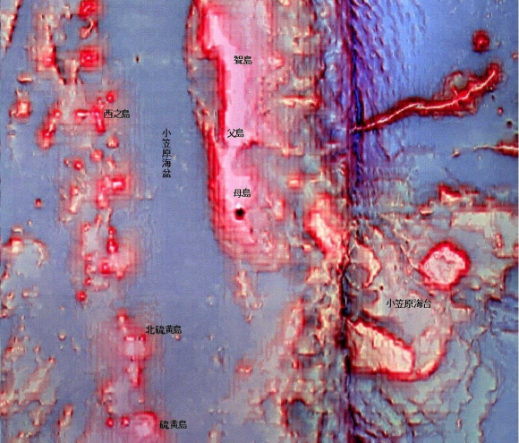 図105．西之島周辺の赤色立体地図（アジア航測社提供）． 　小笠原海溝に小笠原海台が衝突し，その北西側の高まりに小笠原諸島が海面上に顔を出している．西側の南北方向の小笠原海盆に隔てられ西之島が位置する．西之島は伊豆七島から南に続く火山フロント上にあり，その北には1952年噴火の明神礁，1902年噴火の鳥島．南には1984年噴火の北硫黄島，1957年噴火の硫黄島がある． 