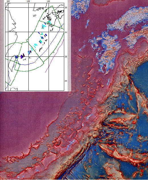 図172．沖縄トラフの赤色立体地図（アジア航測社提供）とCMT解主応力方位図． 　琉球弧と東シナ海大陸棚の間に位置する沖縄トラフと地震活動（図173）は良く対応している．九州に近付くとトラフも震源も二股に分れる．今回は北側に分れたトラフの北端で起こった． 